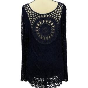 Pronto Moda Made in Italy Open Knit Lace Top Boho Bell Sleeve Navy Medallion